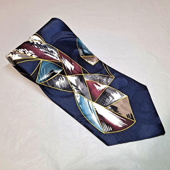 Bellini New York Milan 💯 Silk Necktie 58"x4" Abstract Print Blue/White/Burgundy - Picture 6 of 9
